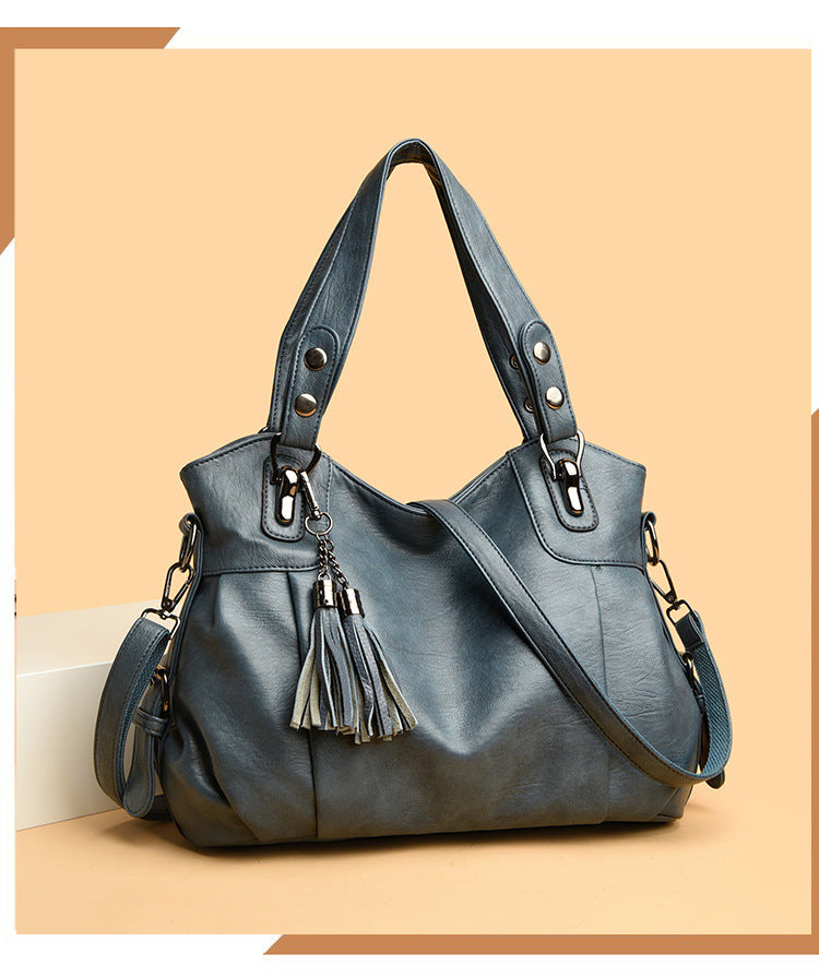 Classic Washed Sheepskin Tassel Shoulder Bag – Genuine Leather Urban Style with Contrast Stitching
