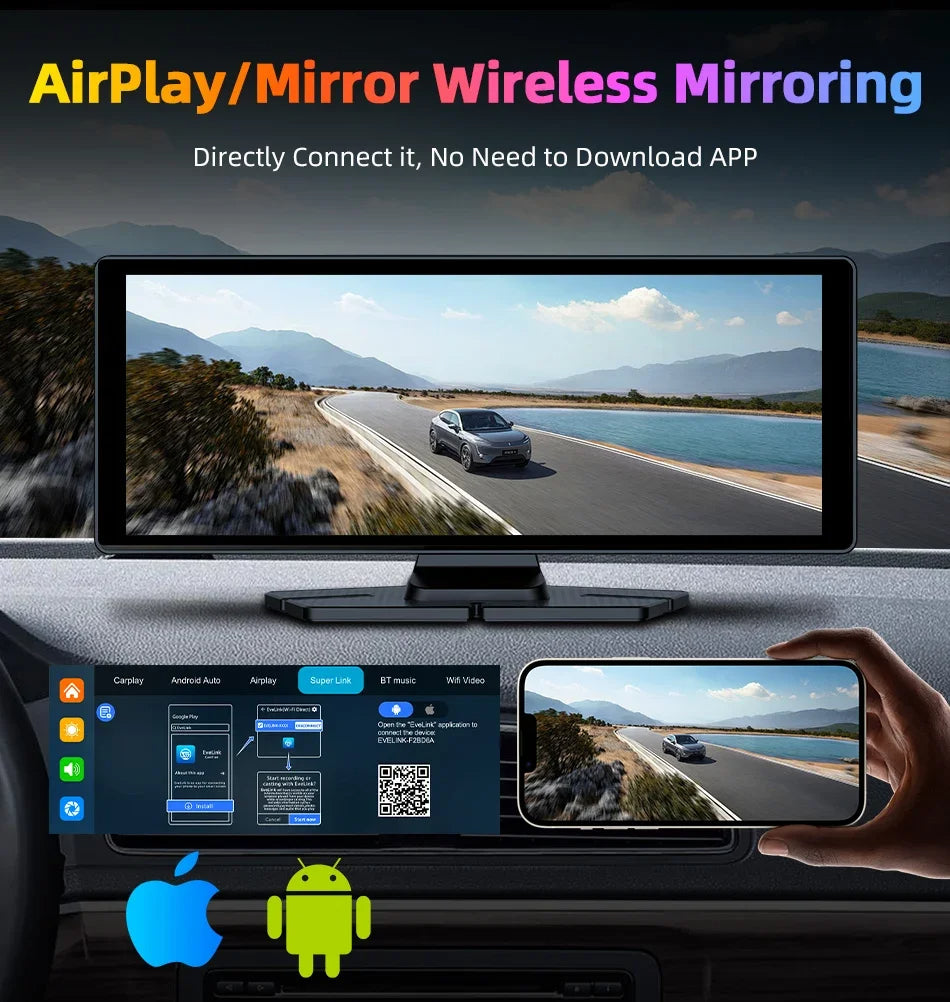 4K Wireless Dash Cam with 350° Rotating Lens – CarPlay, Android Auto, GPS, and Bluetooth