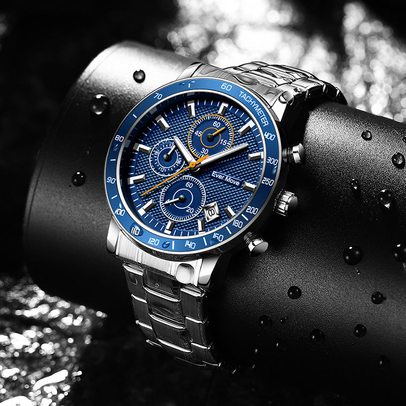Luminous Waterproof Steel Watch – Sleek Design with Triple Sub-Dials