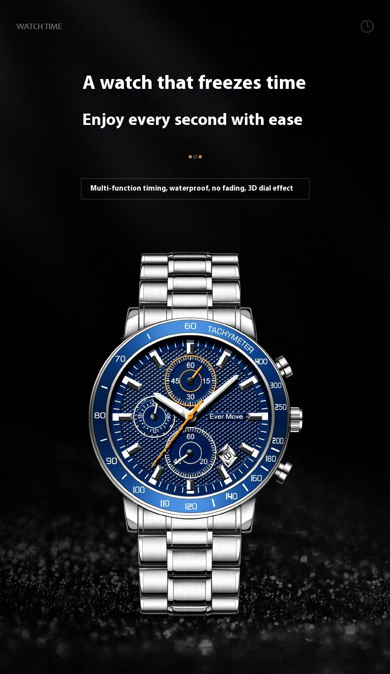 Luminous Waterproof Steel Watch – Sleek Design with Triple Sub-Dials