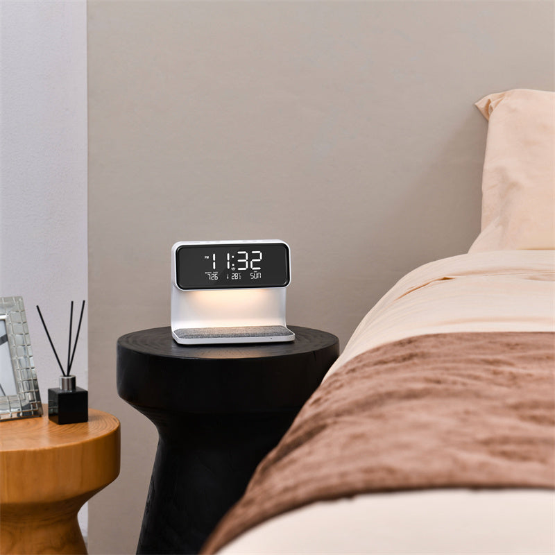 3-in-1 Bedside Lamp with Wireless Charging & LCD Alarm Clock – Touch Control & Dimmable Light