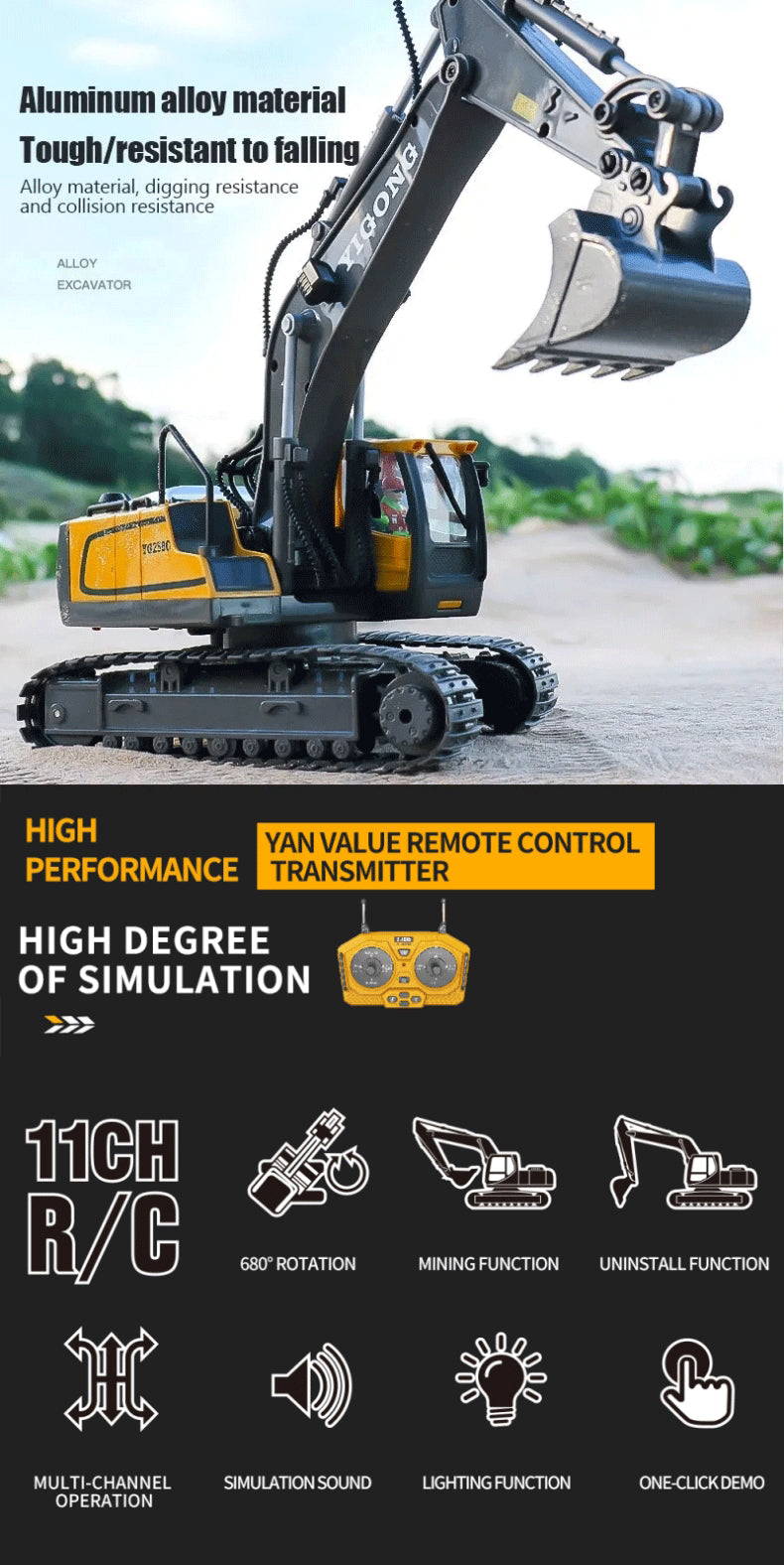 2.4G Remote Control Excavator Dump Truck RC Construction Vehicle Toy – 9/11CH
