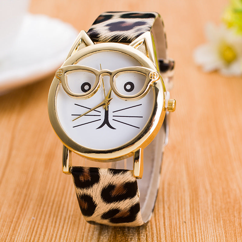Lovely Cartoon Children’s Watch – Cute Cat Face Design with PU Strap & Quartz Movement