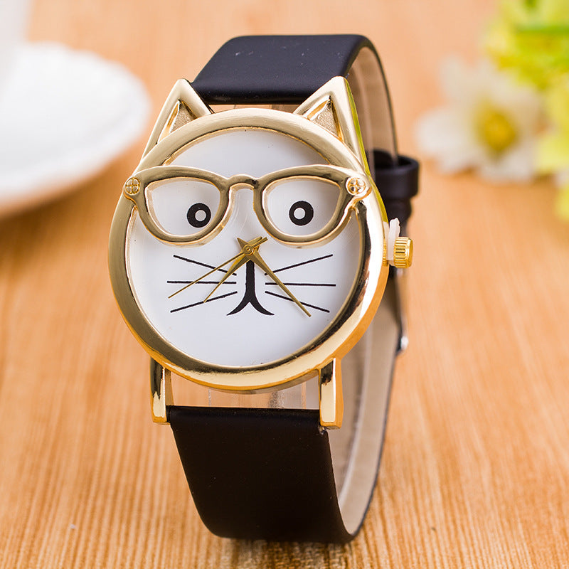 Lovely Cartoon Children’s Watch – Cute Cat Face Design with PU Strap & Quartz Movement