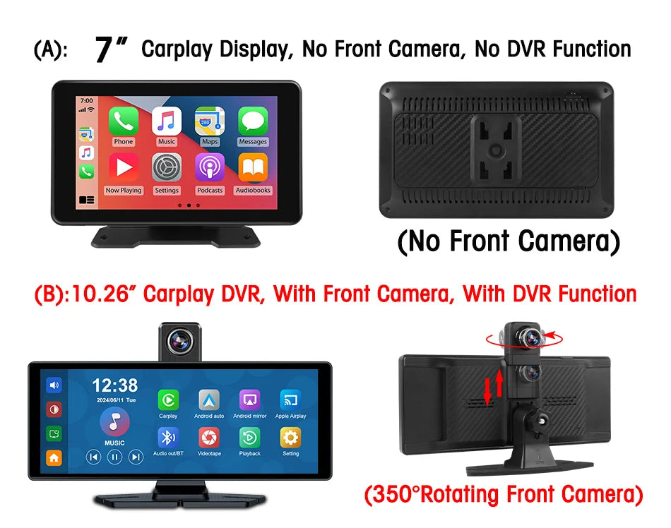 4K Wireless Dash Cam with 350° Rotating Lens – CarPlay, Android Auto, GPS, and Bluetooth