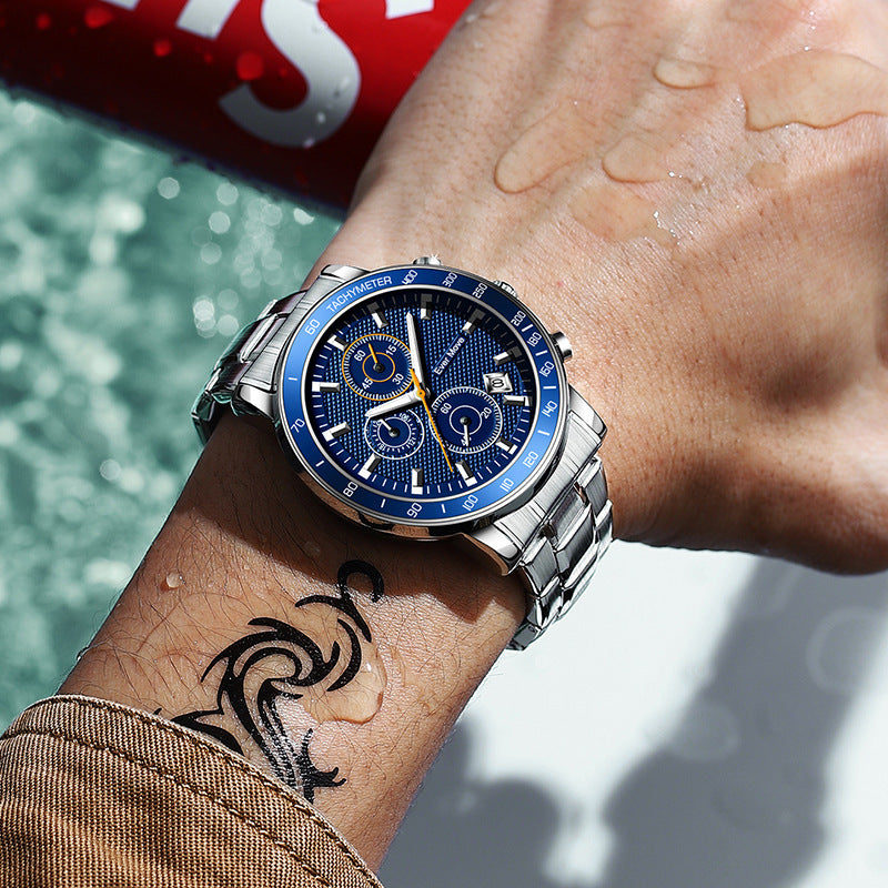 Luminous Waterproof Steel Watch – Sleek Design with Triple Sub-Dials