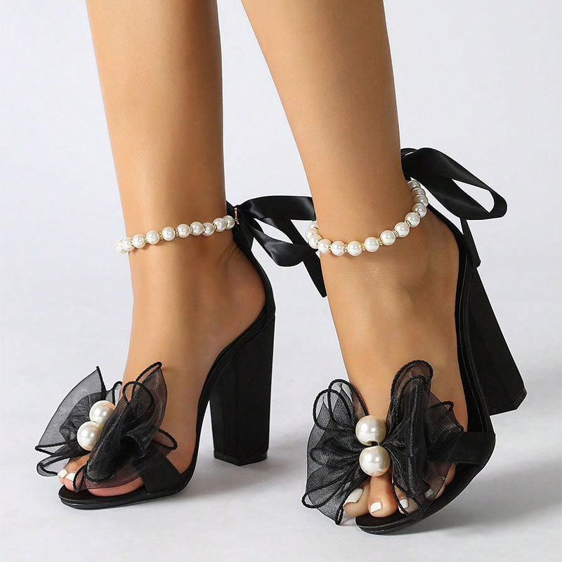 Fashion Ribbon Bow Beaded Peep-Toe High Heeled Sandals for Women – Lolita Style PU Heels with Buckle Strap