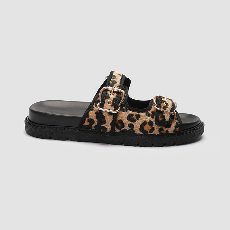 Leopard Print Summer Slippers for Women – Round Toe Flat Bottom with Buckle | Sizes 35–43