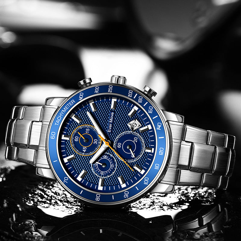 Luminous Waterproof Steel Watch – Sleek Design with Triple Sub-Dials