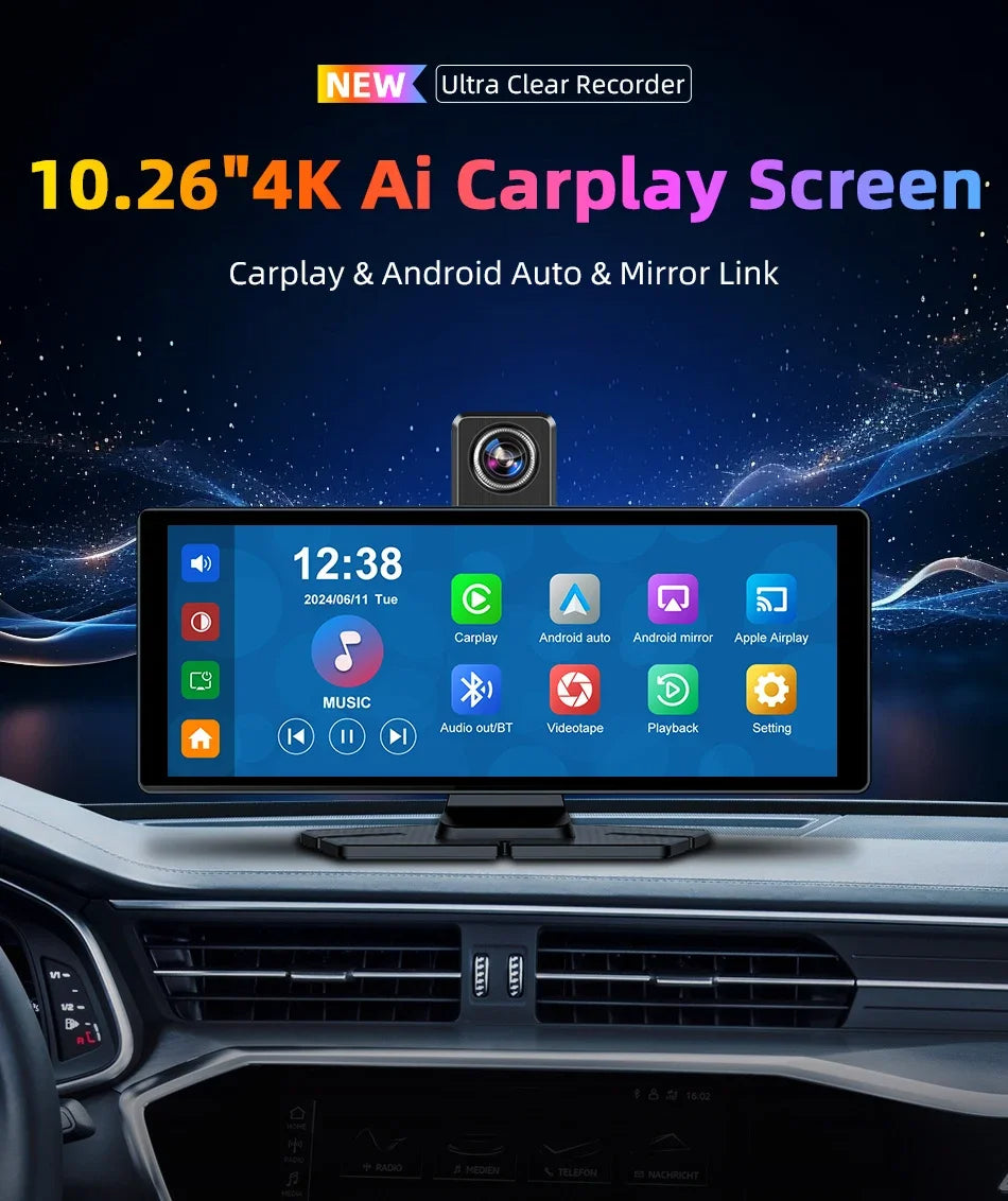 4K Wireless Dash Cam with 350° Rotating Lens – CarPlay, Android Auto, GPS, and Bluetooth