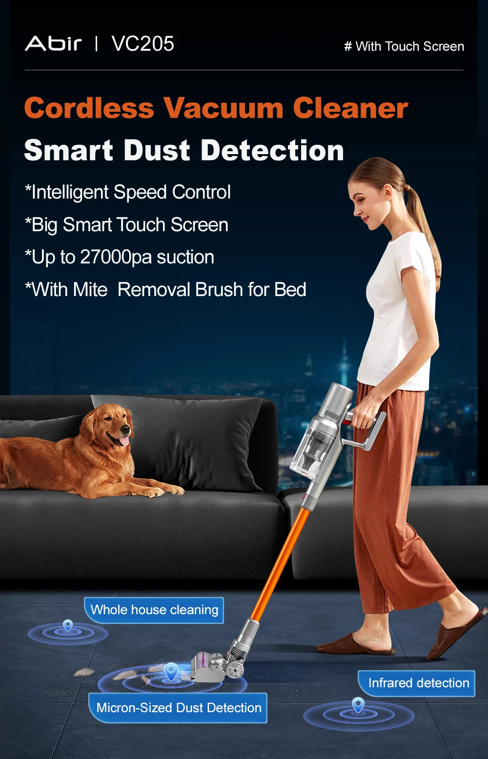 ABIR VC205 Cordless Handheld Vacuum – 27000PA, Smart Sensor, Auto Speed Control