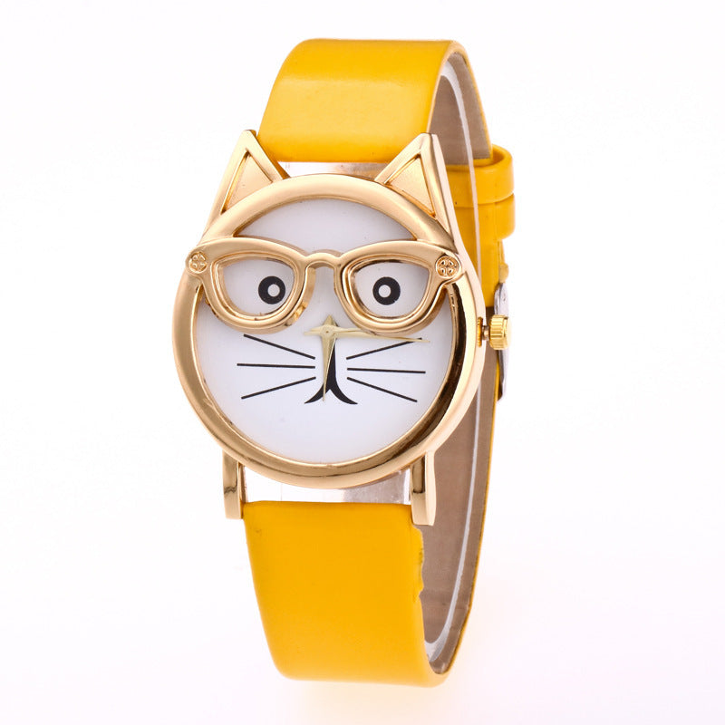 Lovely Cartoon Children’s Watch – Cute Cat Face Design with PU Strap & Quartz Movement