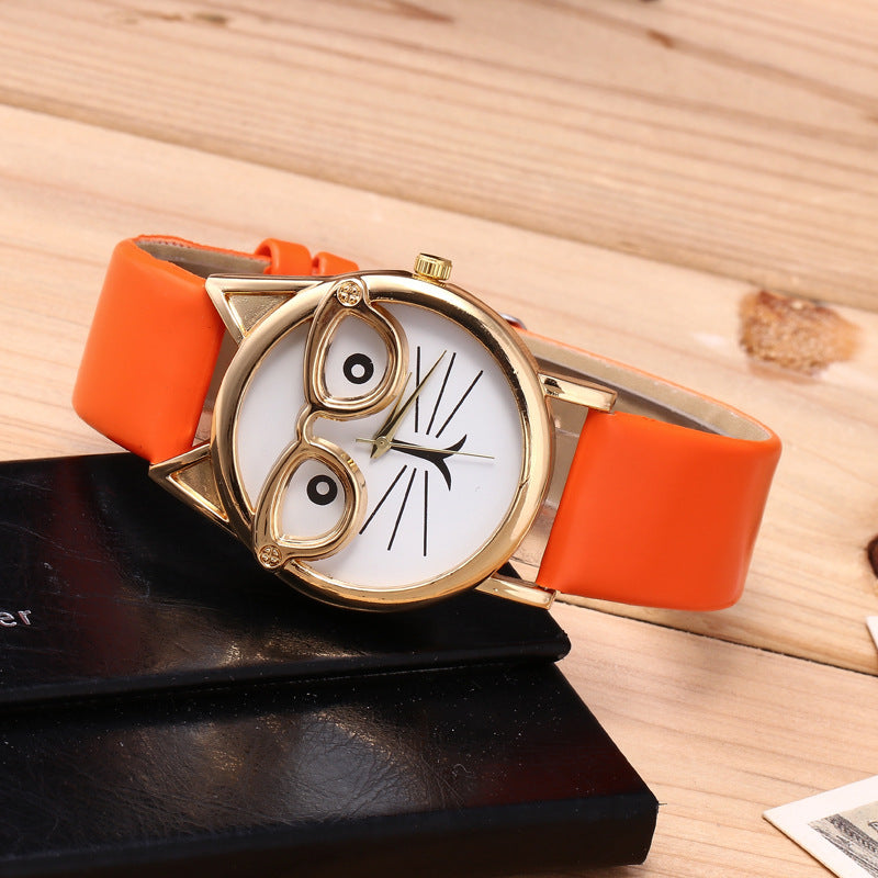 Lovely Cartoon Children’s Watch – Cute Cat Face Design with PU Strap & Quartz Movement