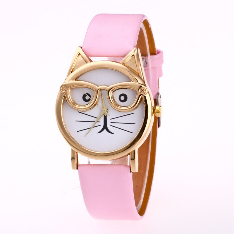 Lovely Cartoon Children’s Watch – Cute Cat Face Design with PU Strap & Quartz Movement