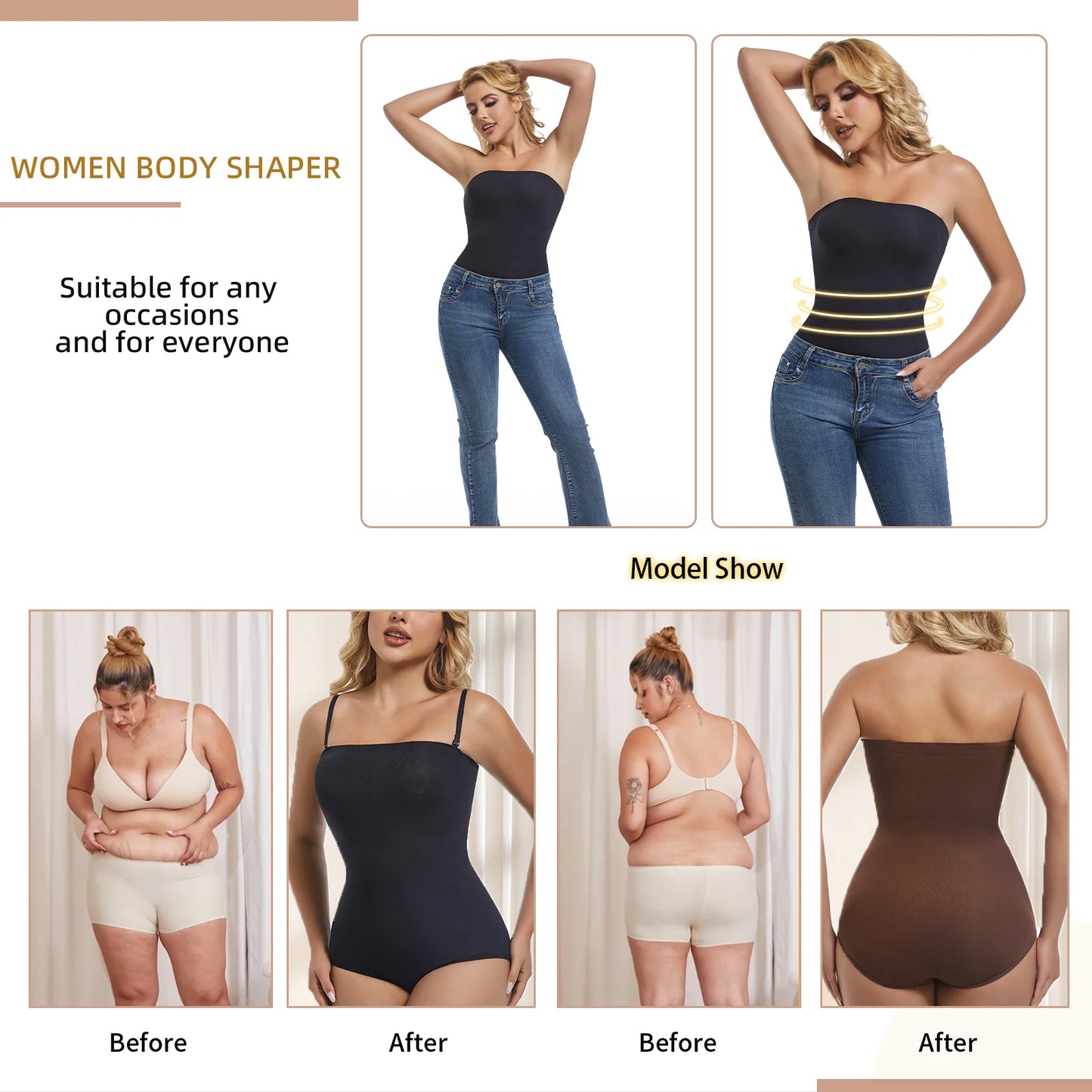 Women’s Strapless Shapewear Bodysuit – Seamless Tummy Control, Waist Trainer & Butt Lifter