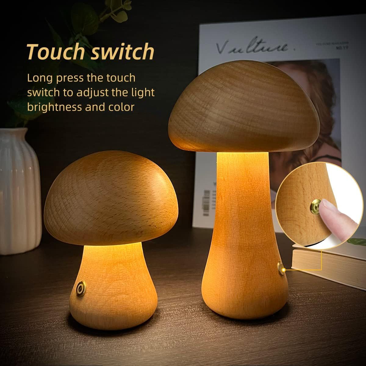 INS Wooden Mushroom LED Night Light with Touch Switch