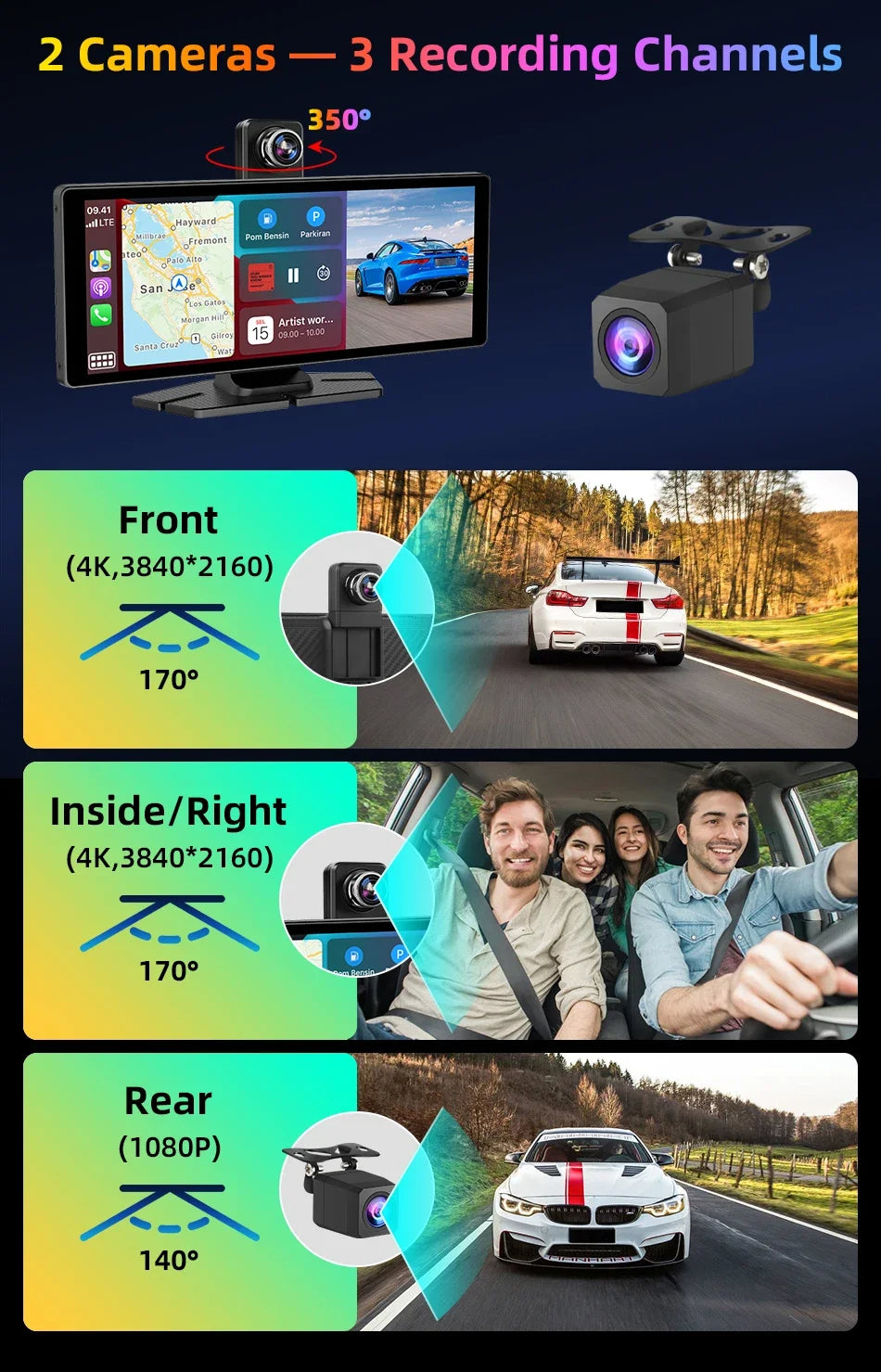 4K Wireless Dash Cam with 350° Rotating Lens – CarPlay, Android Auto, GPS, and Bluetooth