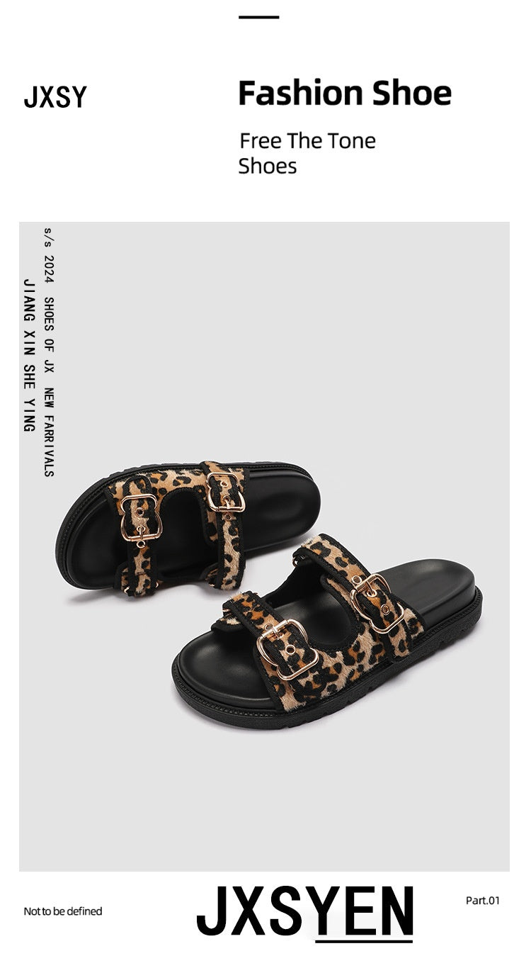 Leopard Print Summer Slippers for Women – Round Toe Flat Bottom with Buckle | Sizes 35–43