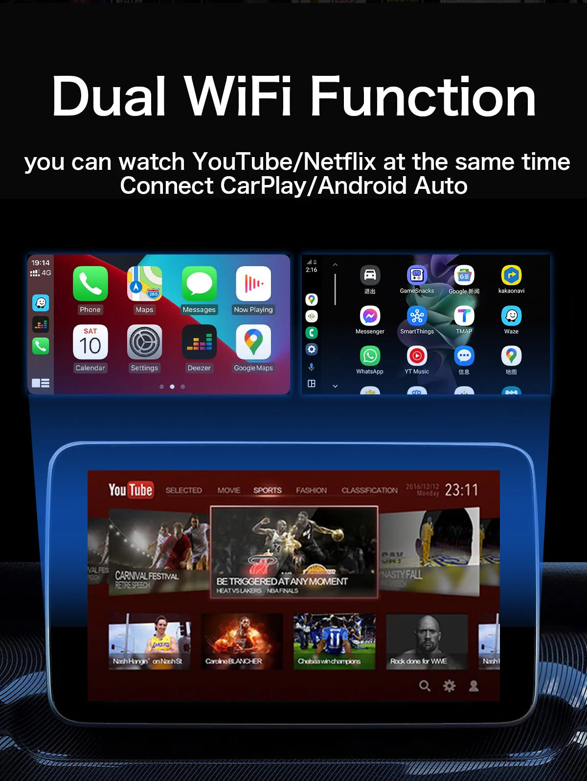 ACODO 3-in-1 CarPlay & Android Auto Box – Android 12, YouTube, Netflix, Dual WiFi