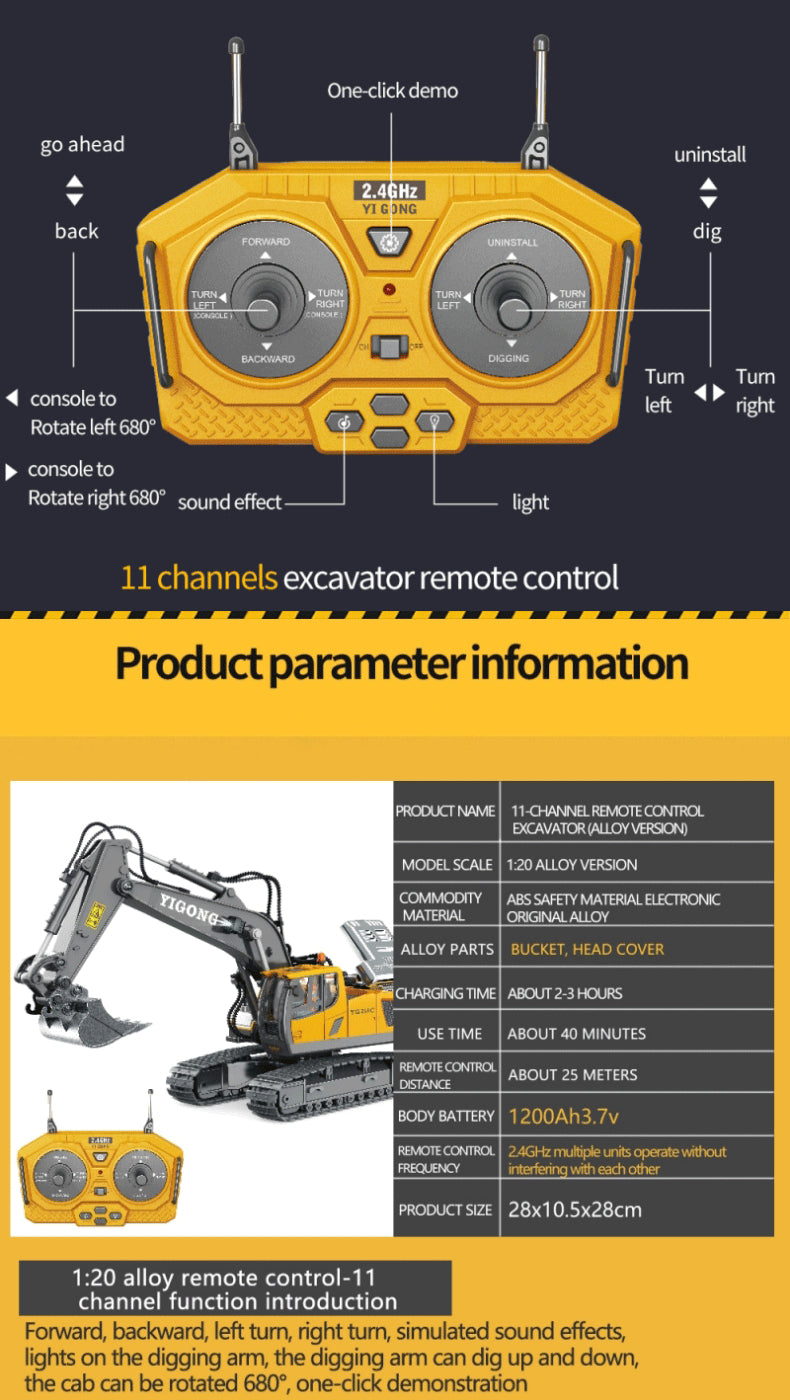 2.4G Remote Control Excavator Dump Truck RC Construction Vehicle Toy – 9/11CH