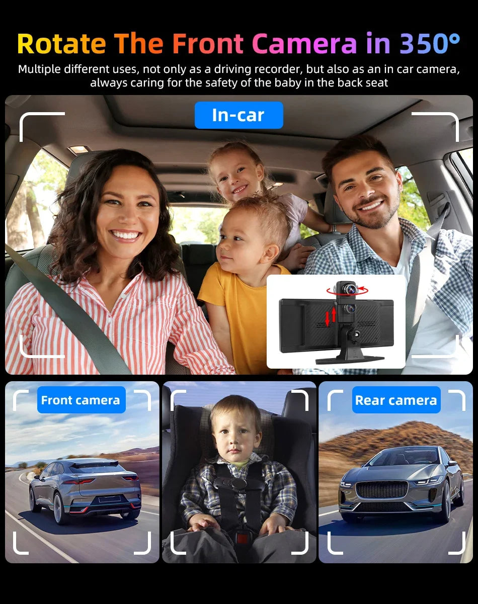 4K Wireless Dash Cam with 350° Rotating Lens – CarPlay, Android Auto, GPS, and Bluetooth
