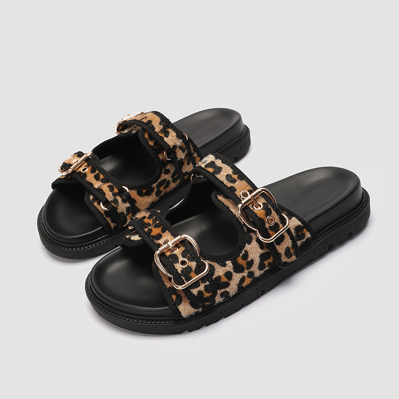 Leopard Print Summer Slippers for Women – Round Toe Flat Bottom with Buckle | Sizes 35–43