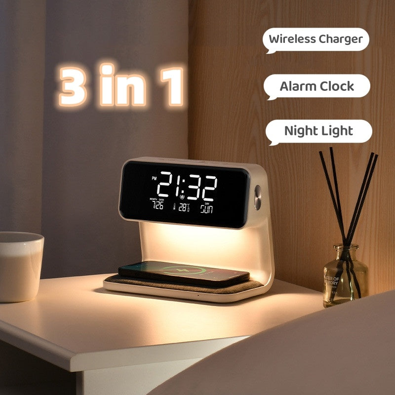 3-in-1 Bedside Lamp with Wireless Charging & LCD Alarm Clock – Touch Control & Dimmable Light