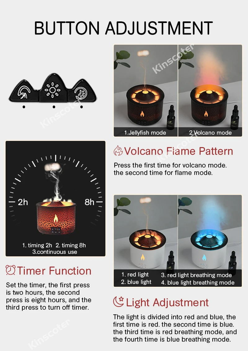 Volcano Flame Aroma Diffuser Jellyfish Smoke Ring Air Humidifier – 360ml Essential Oil Diffuser