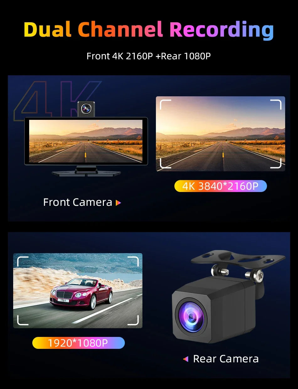 4K Wireless Dash Cam with 350° Rotating Lens – CarPlay, Android Auto, GPS, and Bluetooth