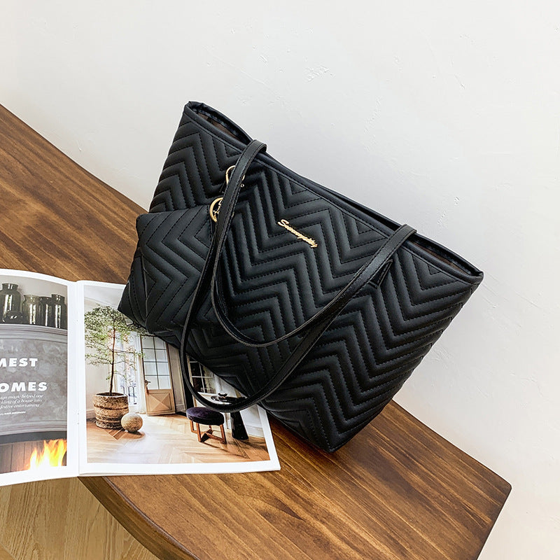Women's Fashionable Wave Pattern Shoulder Bag – Retro Diamond Plaid Embroidered 2-Piece PU Leather Set