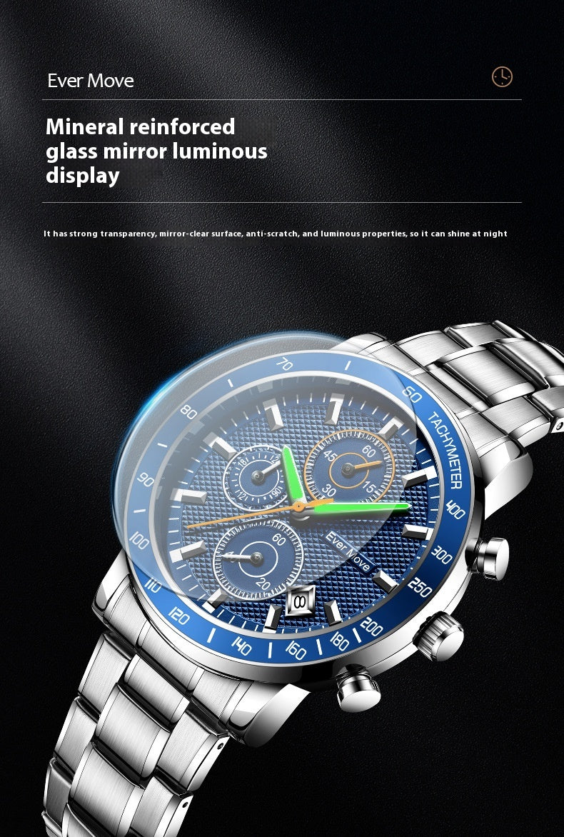 Luminous Waterproof Steel Watch – Sleek Design with Triple Sub-Dials