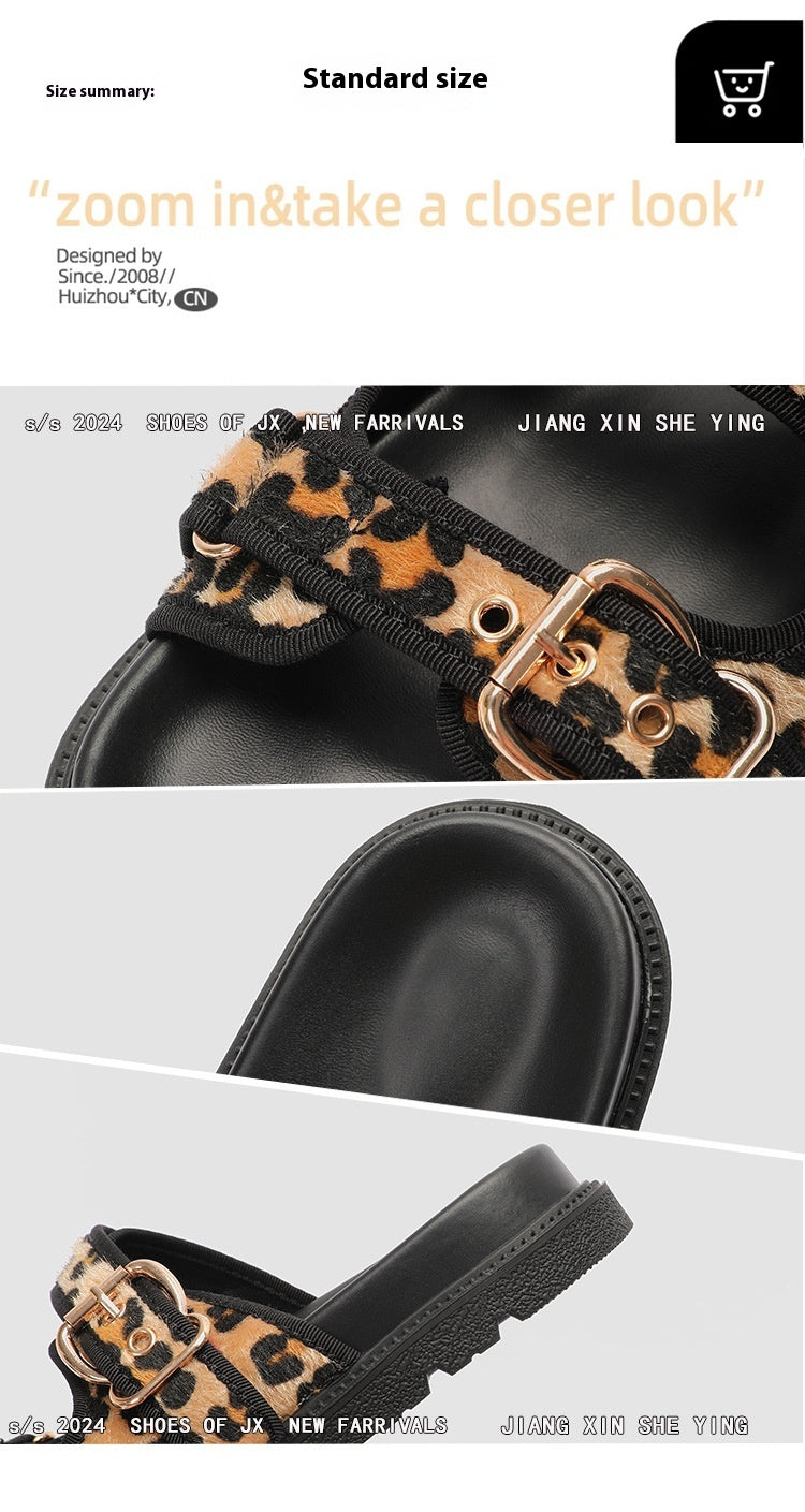 Leopard Print Summer Slippers for Women – Round Toe Flat Bottom with Buckle | Sizes 35–43