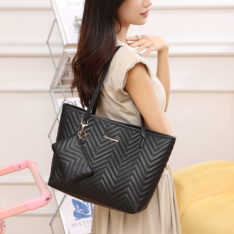 Women's Fashionable Wave Pattern Shoulder Bag – Retro Diamond Plaid Embroidered 2-Piece PU Leather Set