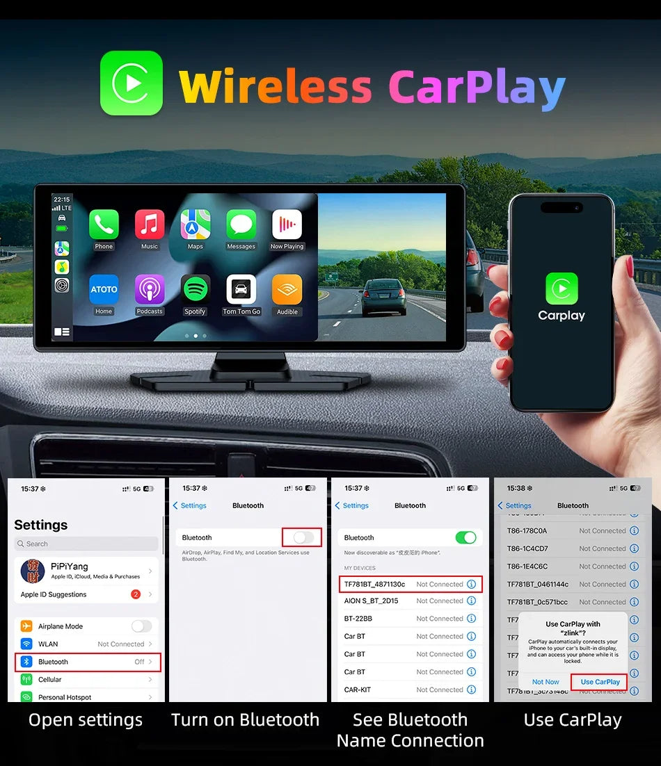4K Wireless Dash Cam with 350° Rotating Lens – CarPlay, Android Auto, GPS, and Bluetooth