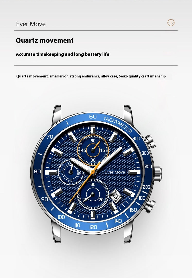 Luminous Waterproof Steel Watch – Sleek Design with Triple Sub-Dials