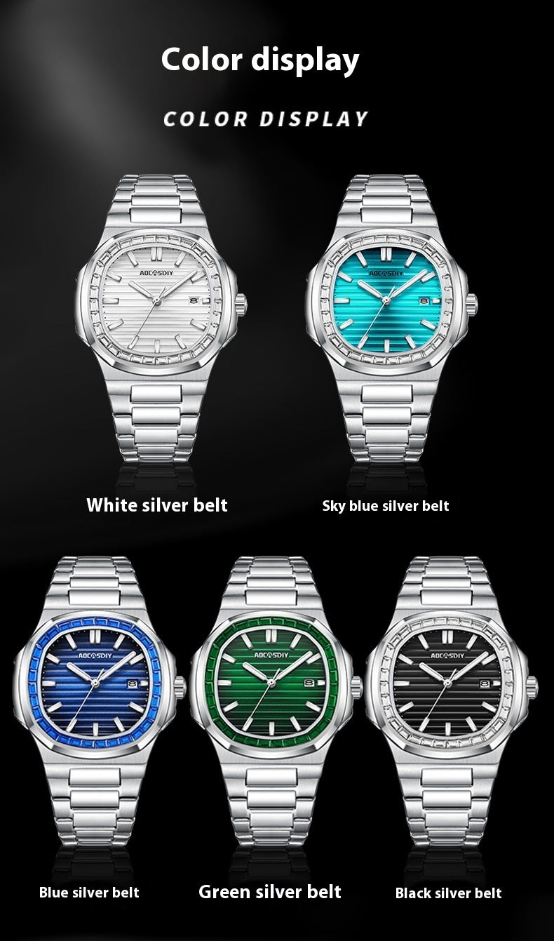2024 Men's Fashion Diamond Luminous Quartz Watch Waterproof Steel Belt
