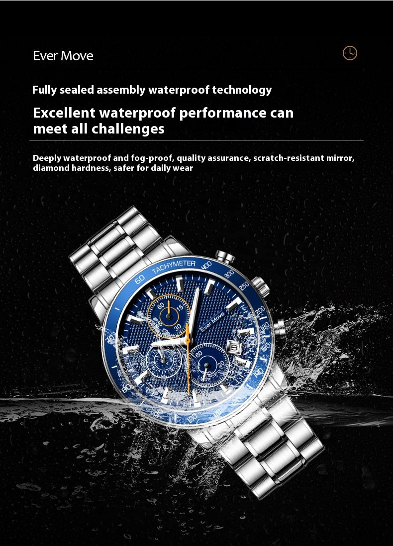 Luminous Waterproof Steel Watch – Sleek Design with Triple Sub-Dials