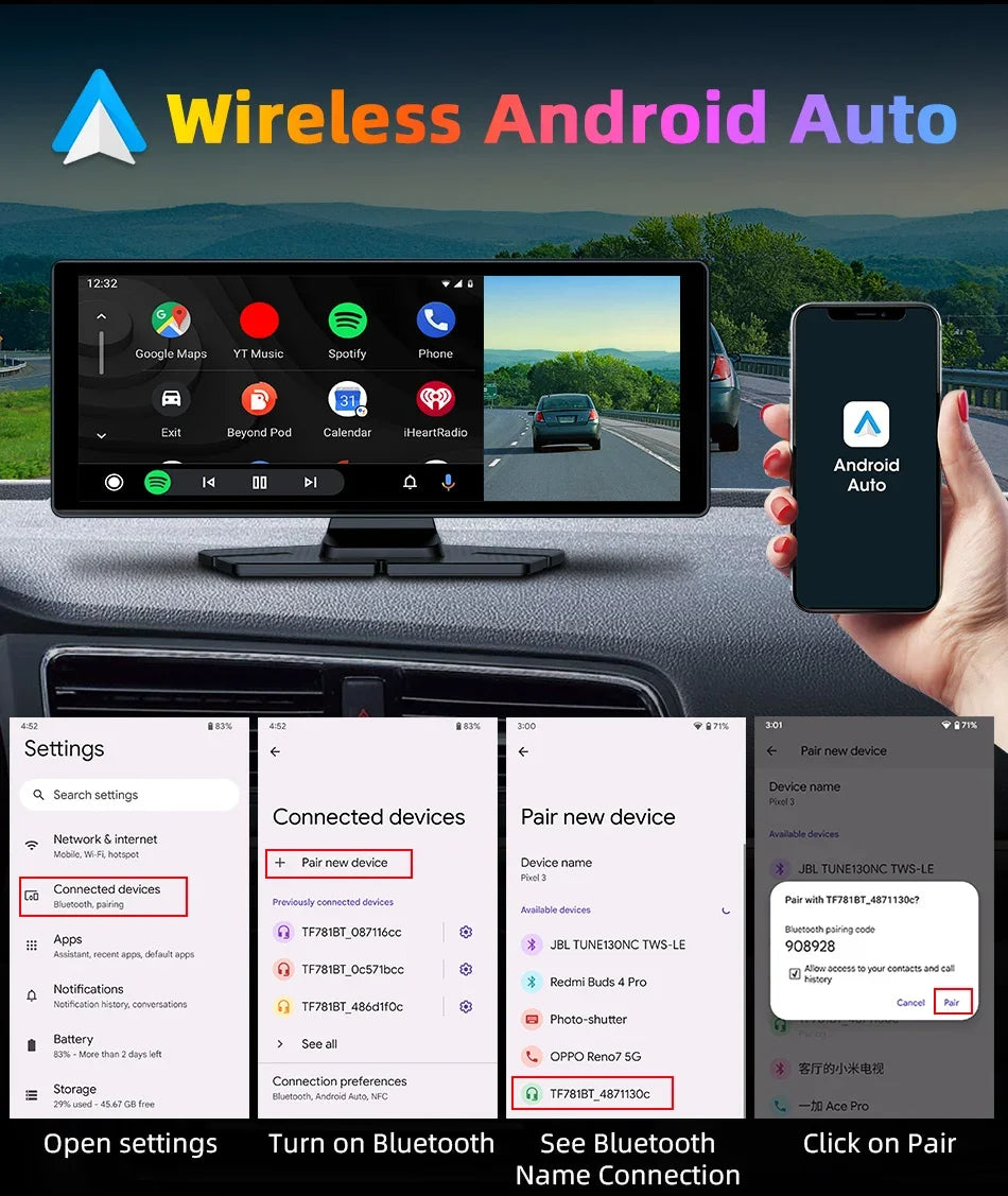 4K Wireless Dash Cam with 350° Rotating Lens – CarPlay, Android Auto, GPS, and Bluetooth
