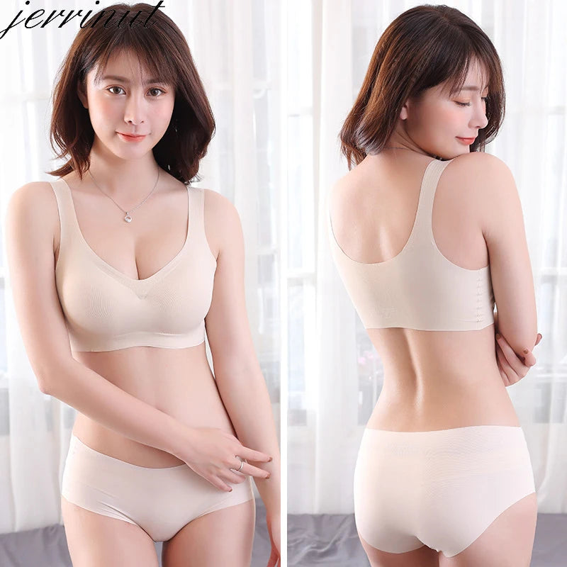 Jerrinut Sexy Underwear Set Seamless Wire Free Push Up Bra Set Vest Sleep Bra Suit Breathable Lingerie Bra And Panties Set