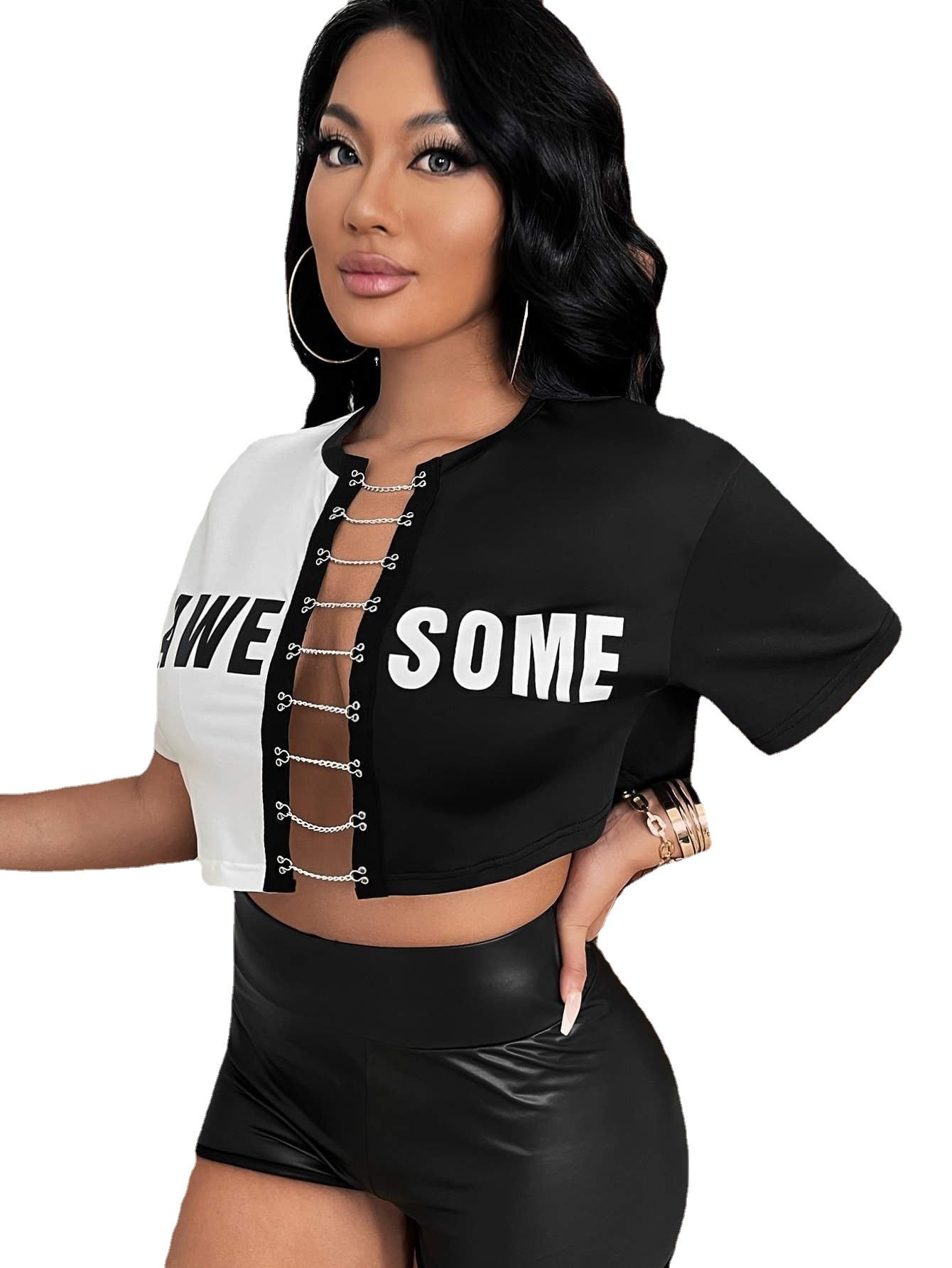 European And American New Women&#039;s Cross-border Fashion Alphabet Cardigan T-shirt Amazon Hot Round Neck Contrast Color Chain Top