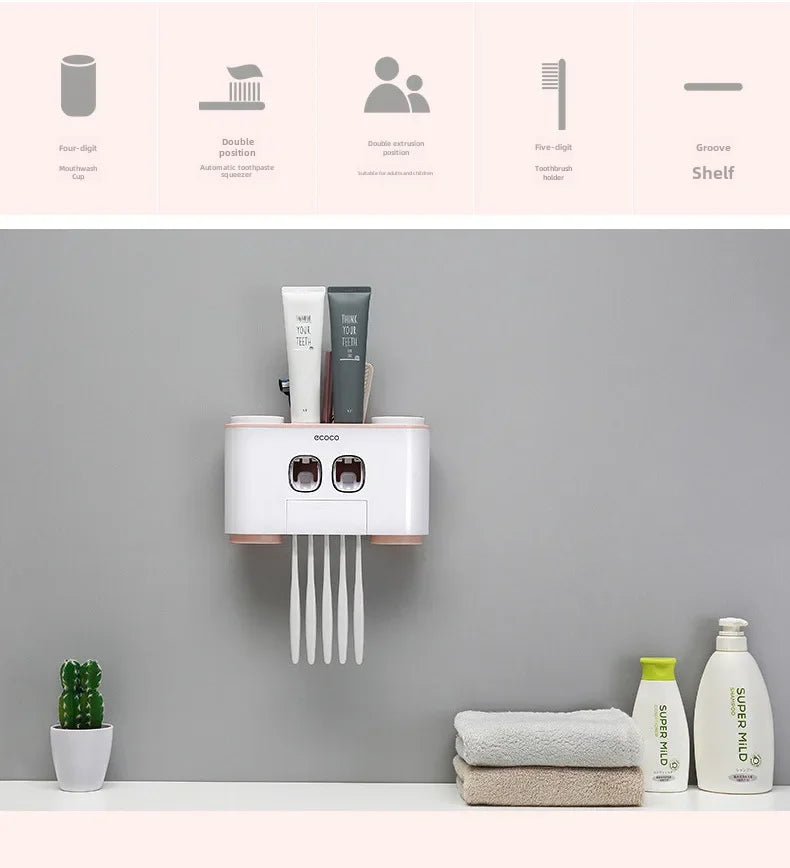 Happy Home Automatic Toothpaste Dispenser & 4-Slot Toothbrush Holder – Wall-Mounted, No Drilling Required