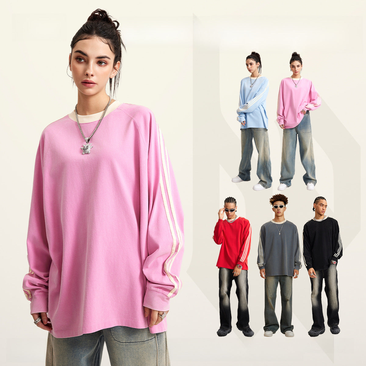 BE Men&#039;s Wear | 2024 Autumn Loose Fake Two Ribbon Striped Cotton American Retro Washed Long Sleeve T-Shirt Men