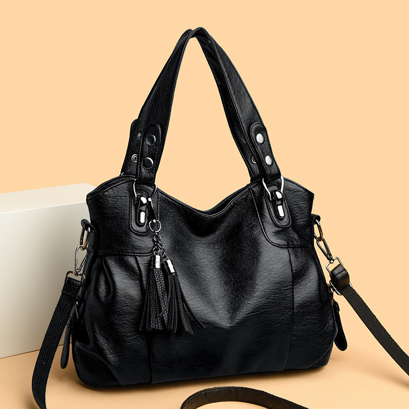 Classic Washed Sheepskin Tassel Shoulder Bag – Genuine Leather Urban Style with Contrast Stitching