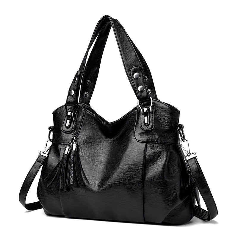 Classic Washed Sheepskin Tassel Shoulder Bag – Genuine Leather Urban Style with Contrast Stitching