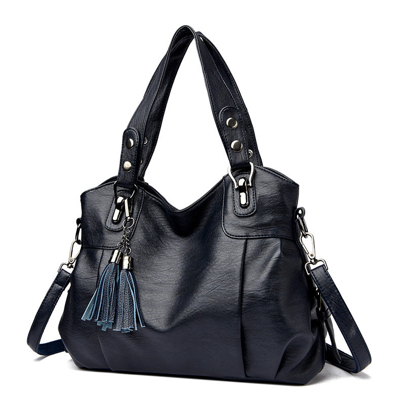 Classic Washed Sheepskin Tassel Shoulder Bag – Genuine Leather Urban Style with Contrast Stitching
