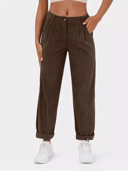 2024 Amazon Autumn New Women&#039;s High Waist Casual Pants European And American Solid Color Corduroy Loose Straight Pants Women