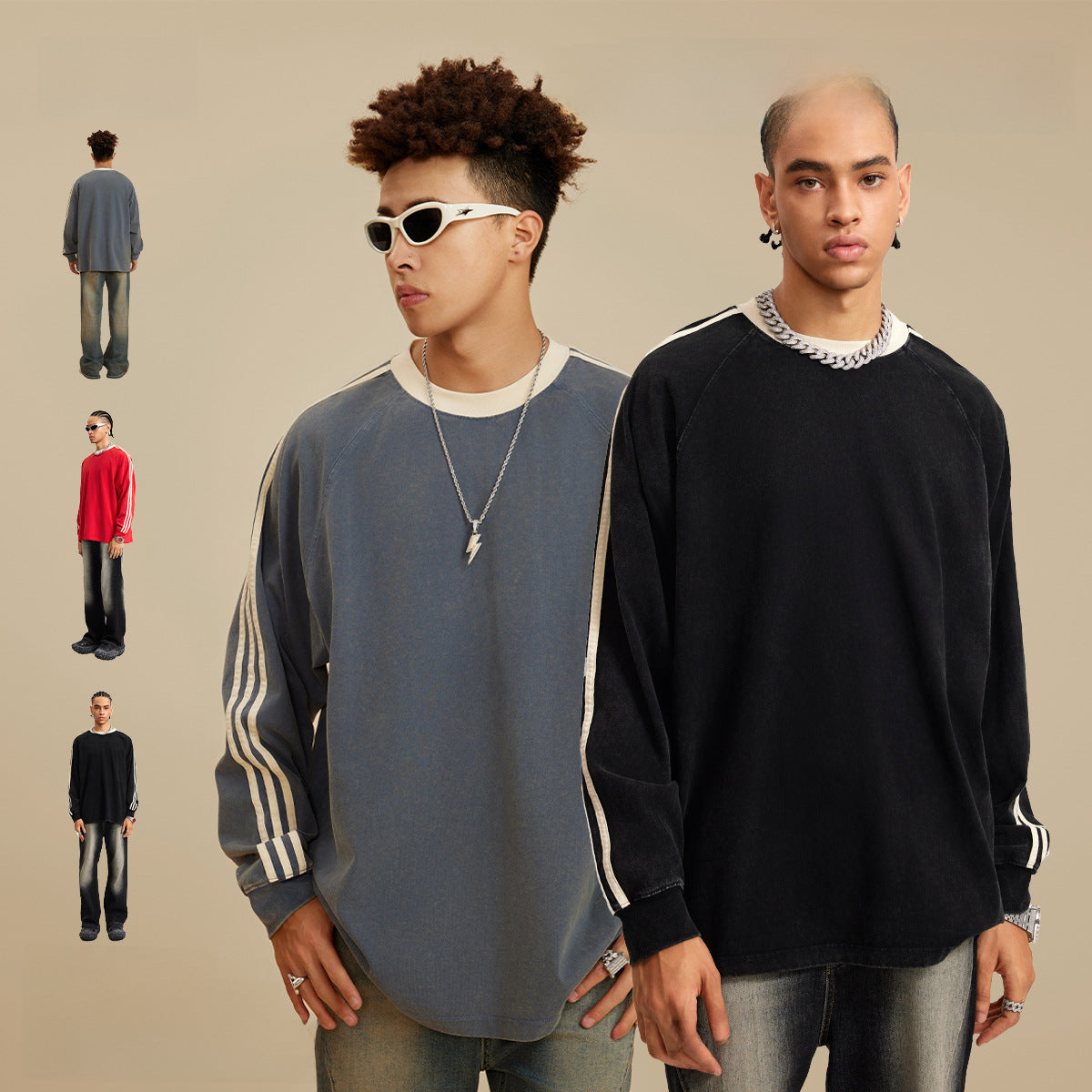 BE Men&#039;s Wear | 2024 Autumn Loose Fake Two Ribbon Striped Cotton American Retro Washed Long Sleeve T-Shirt Men