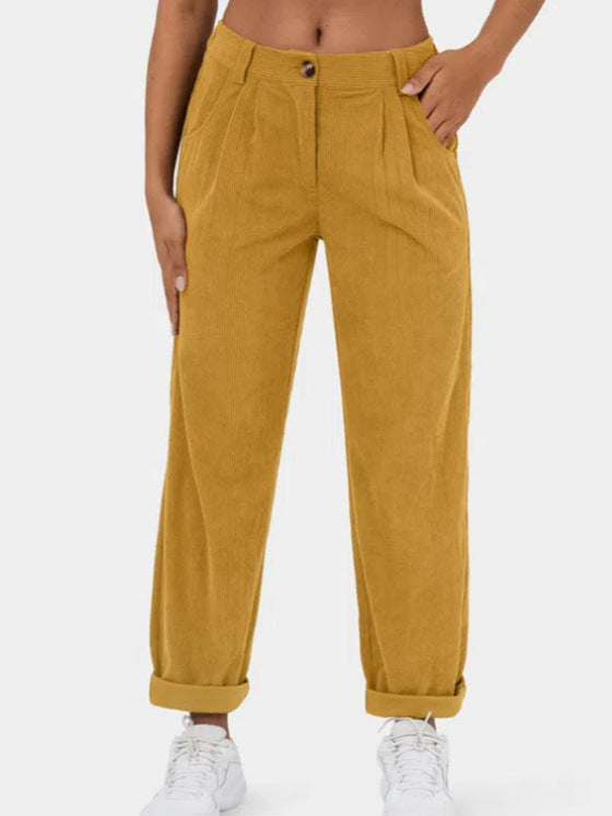 2024 Amazon Autumn New Women&#039;s High Waist Casual Pants European And American Solid Color Corduroy Loose Straight Pants Women