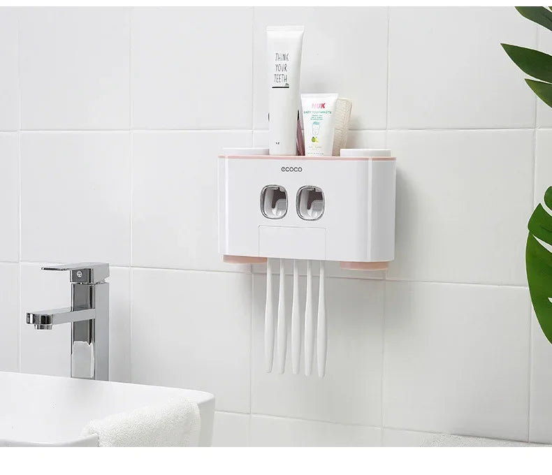 Happy Home Automatic Toothpaste Dispenser & 4-Slot Toothbrush Holder – Wall-Mounted, No Drilling Required