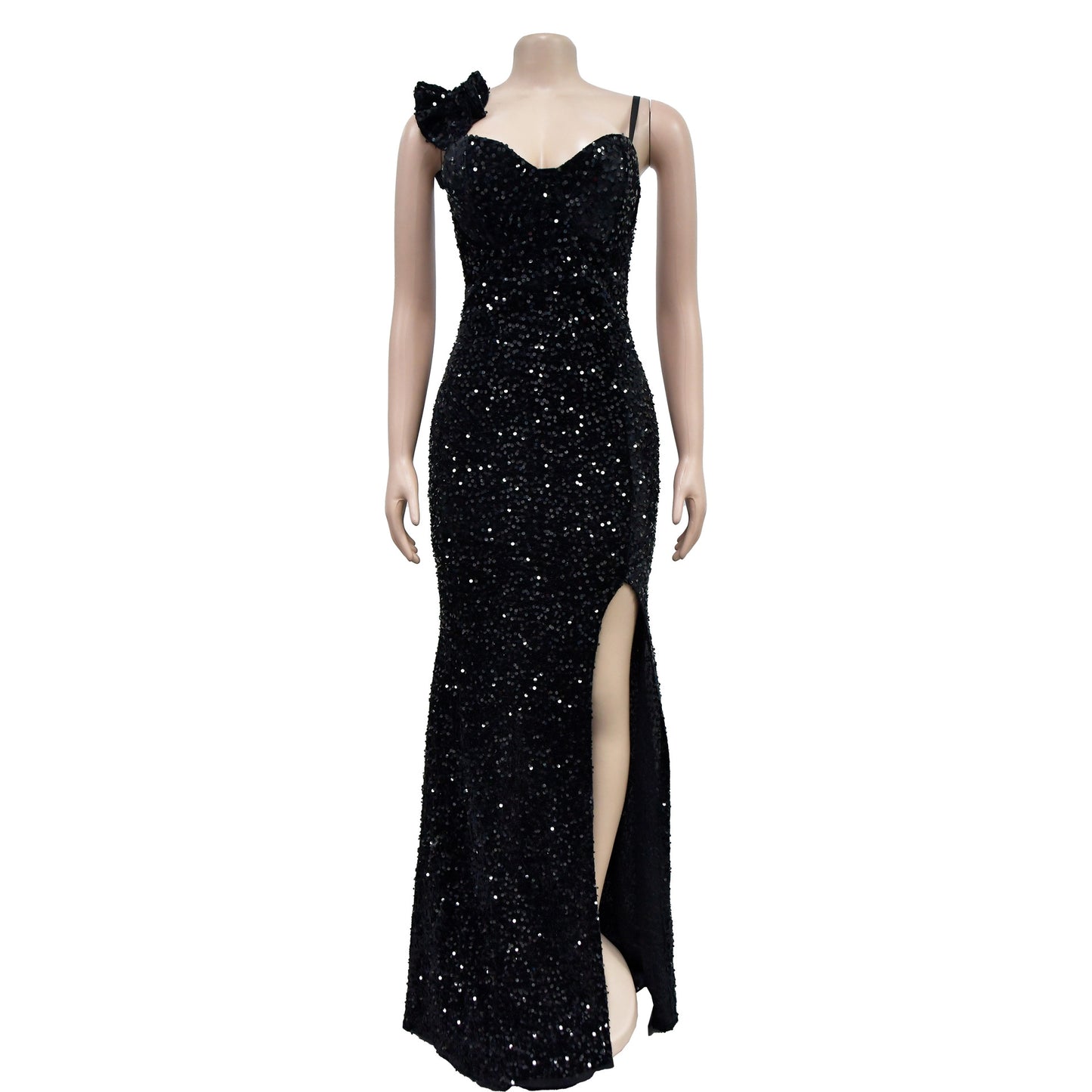 CM.YAYA One-Shoulder Sequin Open Back Mermaid Maxi Dress – High Slit Club & Evening Party Gown
